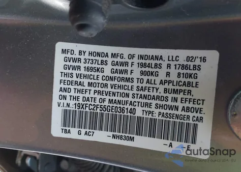 2016 Honda Civic Lx из США, поврежденный, VIN 19XFC2F55GE036140